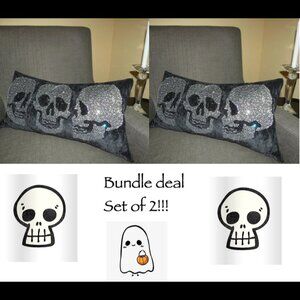 Set of 2 Magaschoni Pillow Crystal Skull Black Silver Halloween Bundle Deal! NWT